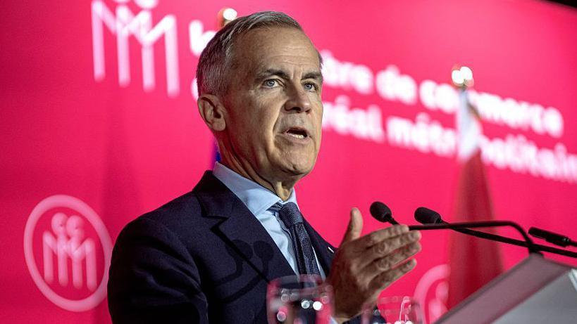 Canadian Prime Minister Mark Carney speaks at a conference organized by the Chamber of Commerce of Metropolitan Montreal in Montreal, Quebec, he has grey hair and is wearing a navy suit with a blue shirt. There is a pink background behind him.