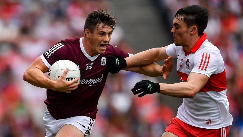 Shane Walsh of Galway in action against Conor McCluskey of Derry during the GAA Football All-Ireland Senior Championship Semi-Final match between Derry and Galway at Croke Park in Dublin