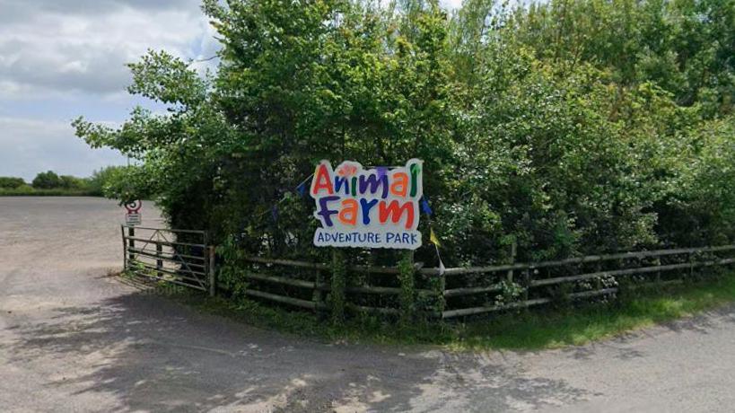 A Google Maps screengrab of the Animal Farm Adventure Park sign taken from the entrance of the adventure park.