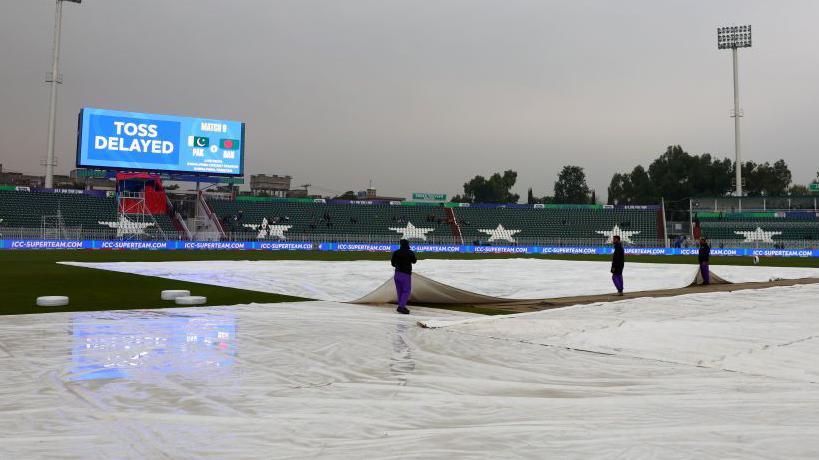 Rain covers on the pitch at Rawalpindi Cricket Stadium. 