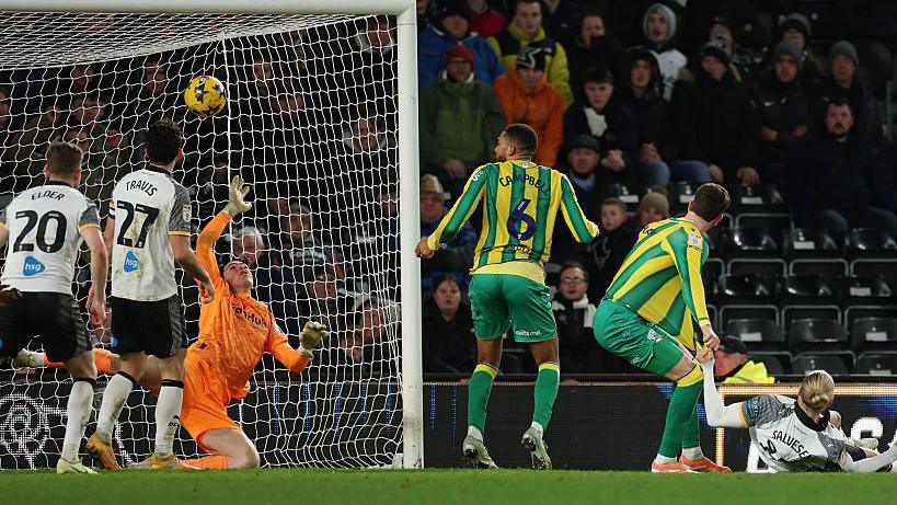 Chris Mepham heading home West Brom's late equaliser against Derby to earn a draw last Friday