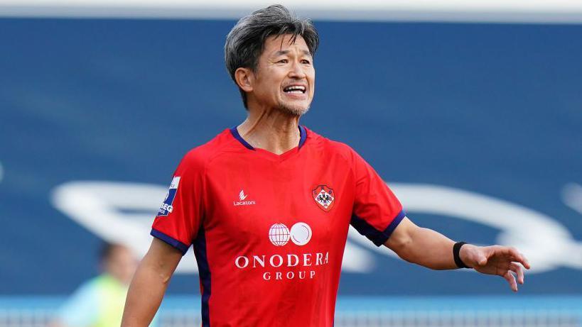 Kazuyoshi Miura in action for Portuguese second-division club Oliveirense in 2023