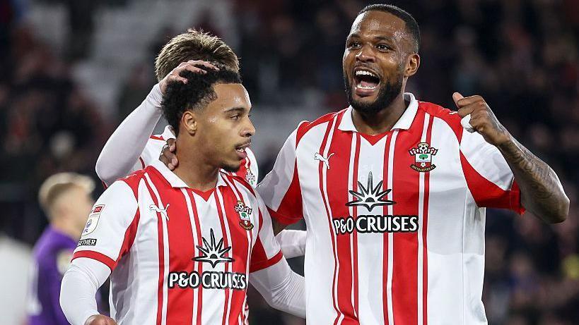 Southampton celebrate Cyle Larin's opening goal against Blackburn