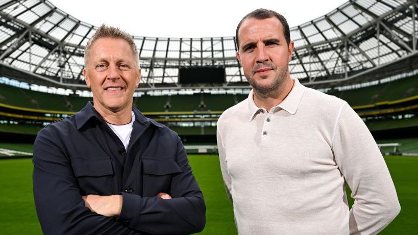 Head coach Heimir Hallgrimsson and assistant coach John O'Shea pose for a portrait before a Republic of Ireland squad announcement at the Aviva Stadium in Dublin