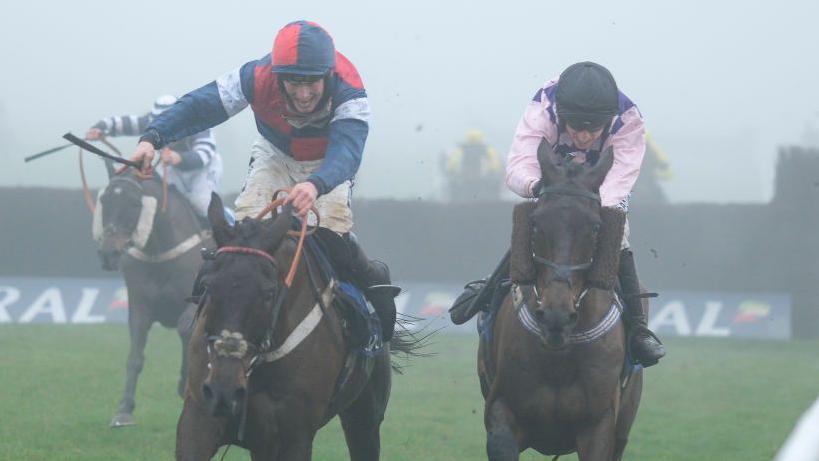 Val Dancer (right) beats Jubilee Express (left) and Iwilldoit to win the 2024 Welsh Grand National