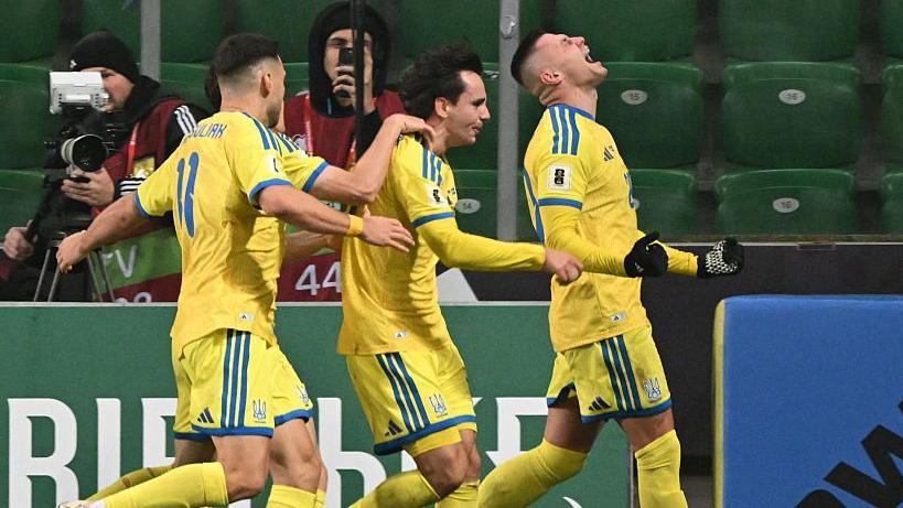 Ukraine celebrate their first goal against Iceland