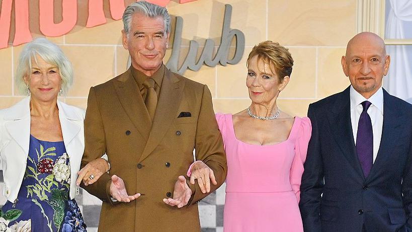 (L to R) Dame Helen Mirren, Pierce Brosnan, Celia Imrie and Sir Ben Kingsley attend the UK Premiere of "The Thursday Murder Club" in Leicester Square on August 21, 2025 in London, England.