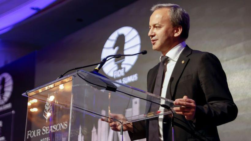 FIDE President Arkady Dvorkovich speaks during the 2022 FIDE Chess Candidates Tournament closing ceremony on July 5, 2022 in Madrid
