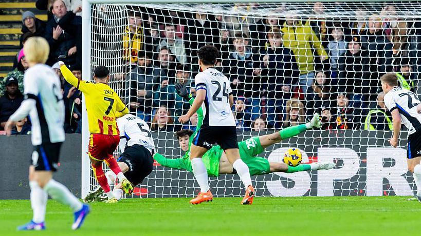 Tom Ince scores his and Watford's second goal against Birmingham City