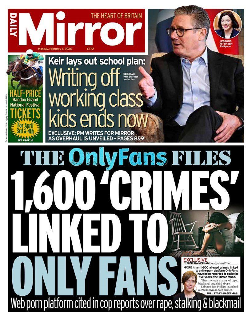 The headline on the front page of the The Daily Mirror reads: “1,600 'crimes' linked to OnlyFans".