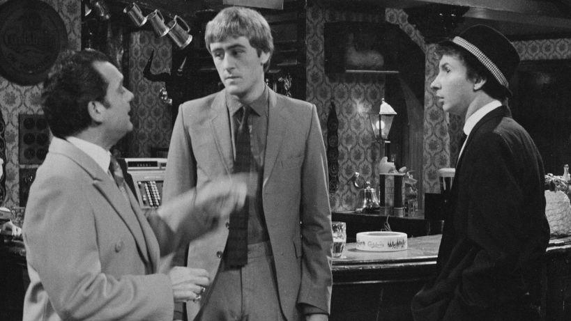 A black and white image of David Jason, Nicholas Lyndhurst and Patrick Murray on Only Fools and Horses.
