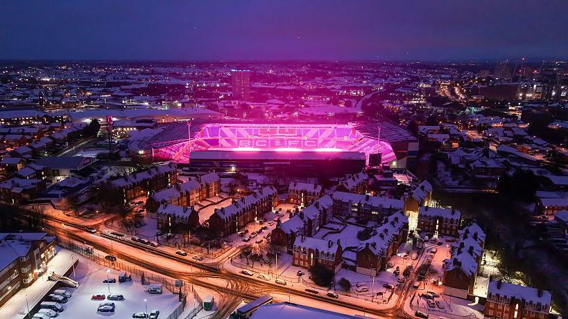 St Andrews Stadium glowing bright pink 