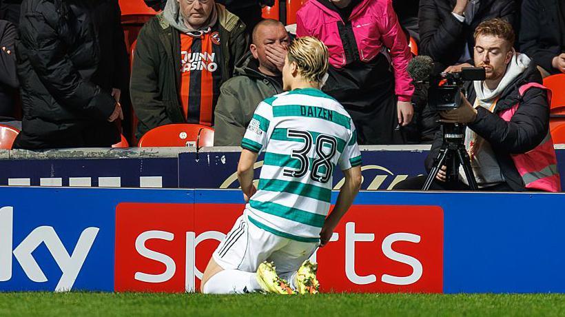 Celtic forward Daizen Maeda celebrates after scoring during the 2-1 Scottish Premiership defeat at Dundee United on 17 December