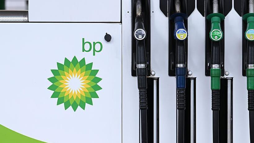 Close up of petrol and diesel pumps with the BP logo to the side