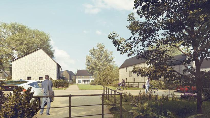 An artist's impression of a housing development with several beige brick houses among leafy trees and green lawns. A man is standing holding a bag by a silver car. On the right a woman walks with a pushchair and another woman walks across the street pushing a bike.