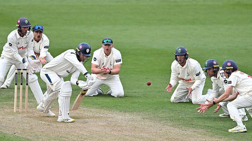 Luis Reece of Derbyshire faces the final ball of the match during day four of the Rothesay County Championship Division II match between Glamorgan and Derbyshire at Sophia Gardens.