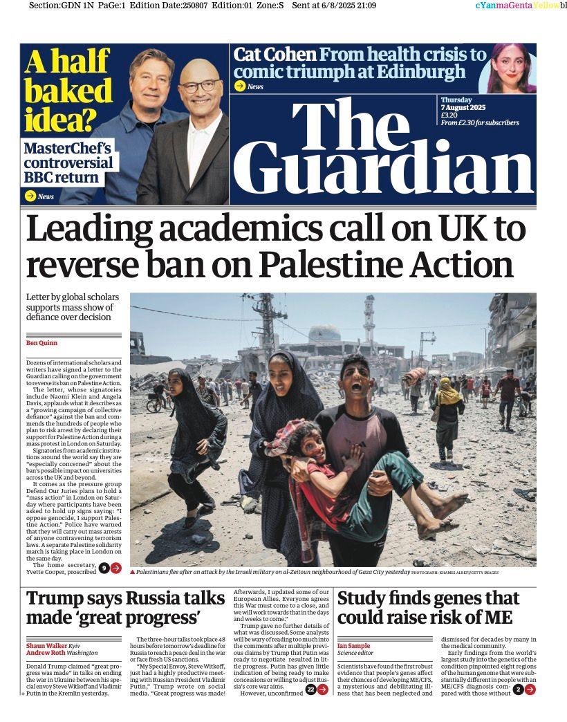 The headline on the front page of the Guardian reads: "Leading academics call on UK to reverse ban on Palestine Action"