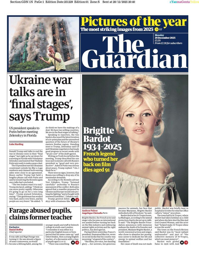 Titulli i gazetës Guardian thotë: “Bisedimet për luftën në Ukrainë janë në ‘fazat përfundimtare’, thotë Trump.”