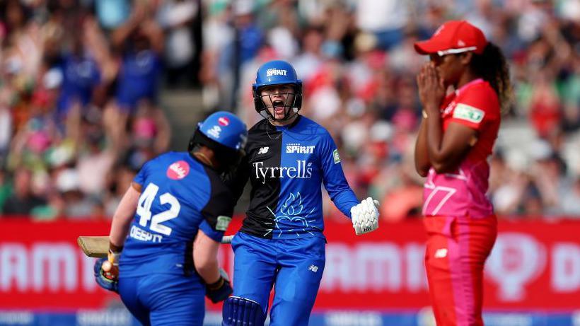 Hayley Matthews puts her hands on her face as London Spirit celebrate their win in 2024 