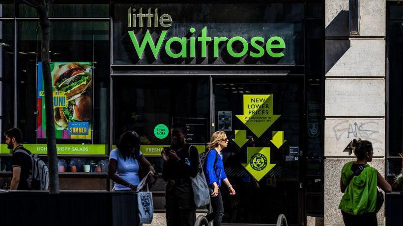 A Little Waitrose shop front with people walking past it in London