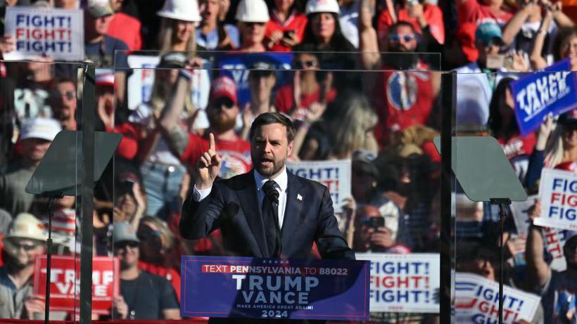 JD Vance speaks in front of a crowd at a rally in Butler, Pennsylvania in October 2024