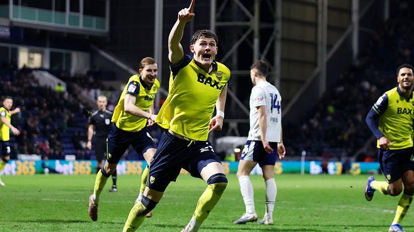 Oxford striker Will Lankshear celebrates his ninth goal of the season