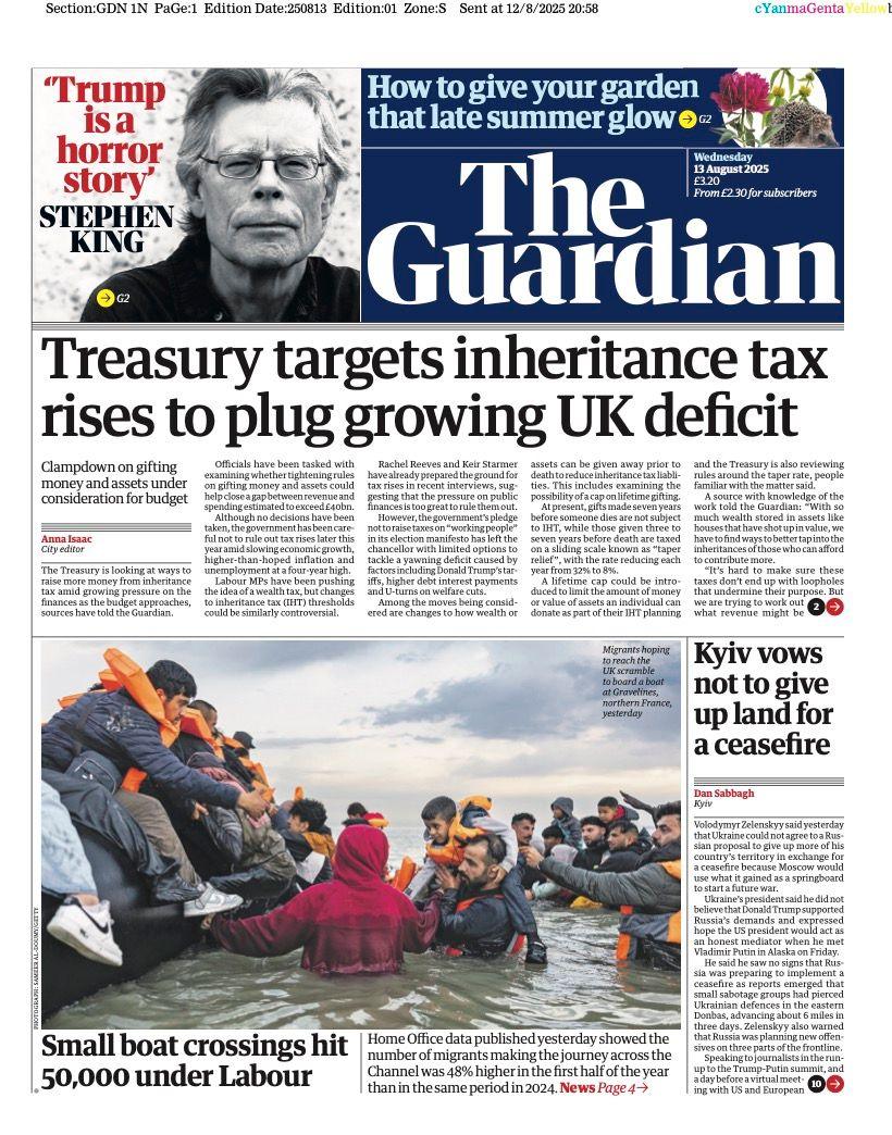 The headline on the front page of the Guardian reads: “Treasury targets inheritance tax rises to plug growing UK deficit”