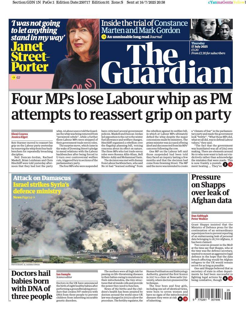 The headline on the front page of the Guardian reads: "Four MPs lose Labour whip as PM attempts to reassert grip on party"