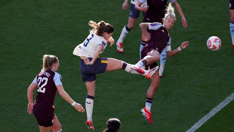 Maren Mjelde volleys home Everton's first goal