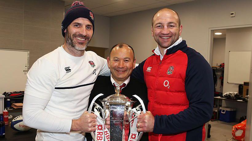 Paul Gustard, Eddie Jones and Steve Borthwick with the Six Nations trophy