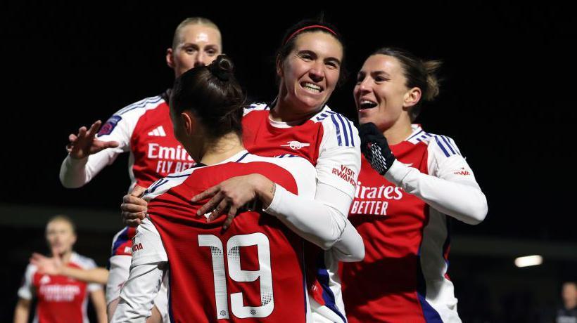 Arsenal celebrate after Mariona Caldentey scores against West Ham