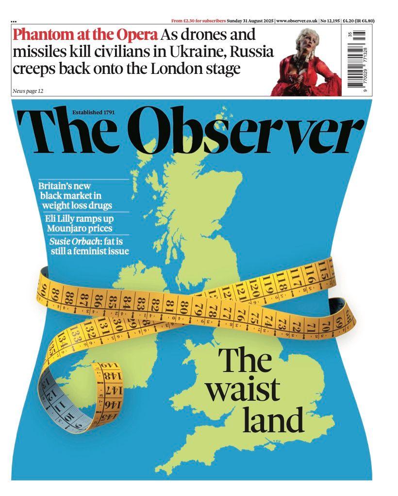 The Observer's front page shows a map of the United Kingdom with a measuring tape around its middle. The headline reads "The waist land".