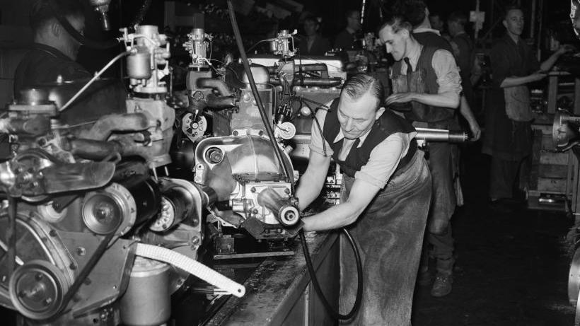 Factory workers in the engine production line at the Vauxhall car plant, Luton, Bedfordshire, February 4th 1954.