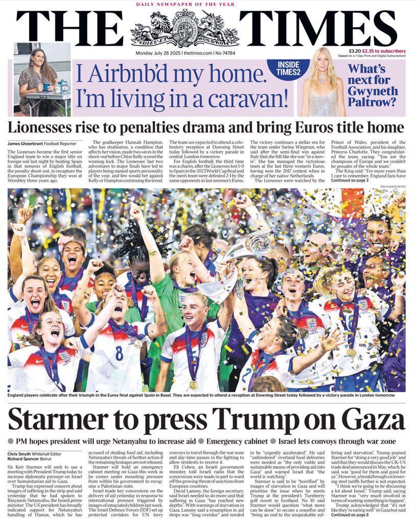 The headline on the front page of the Times reads: "Starmer to press Trump on Gaza".