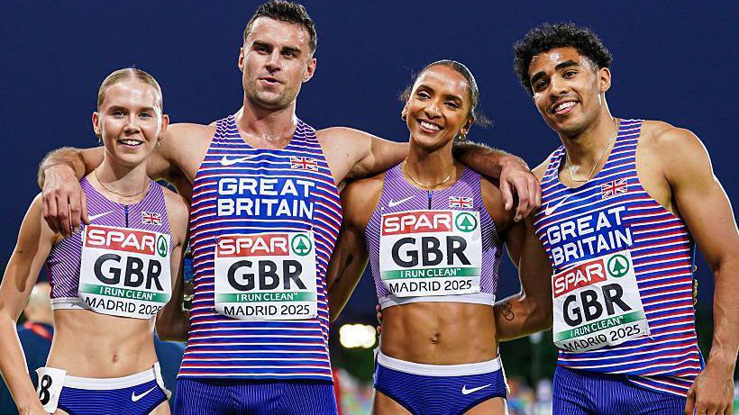 GB's Lina Nielsen, Toby Harries, Emily Newnham and Samuel Reardon posing after competing in the 4x400m Relay Mixed event.
