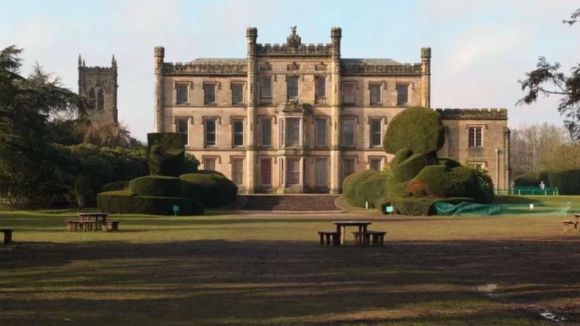 A head-on image of Elvaston Castle which is a 17th Century gothic stately home. 