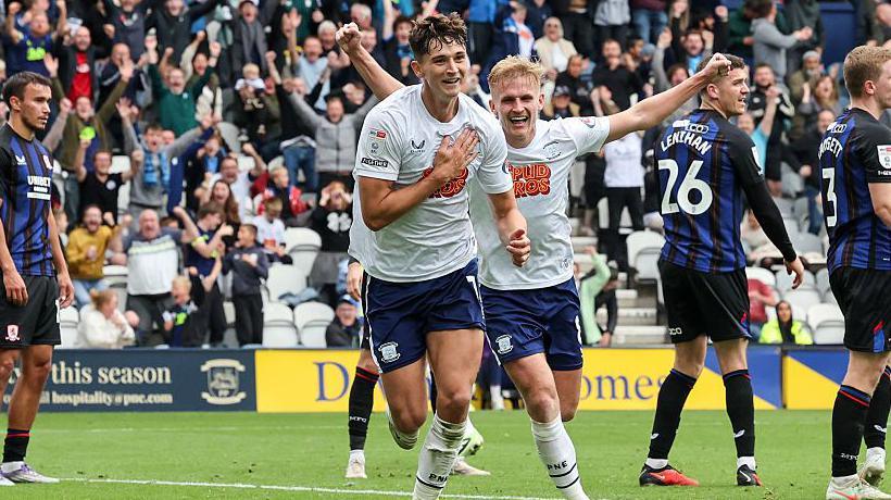 Jordan Storey celebrates scoring for Preston