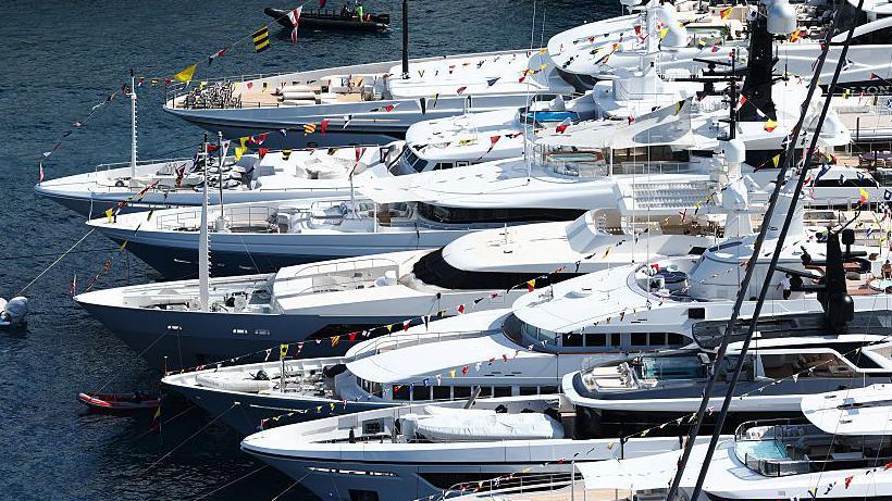 Yachts lined up in the Monaco harbour