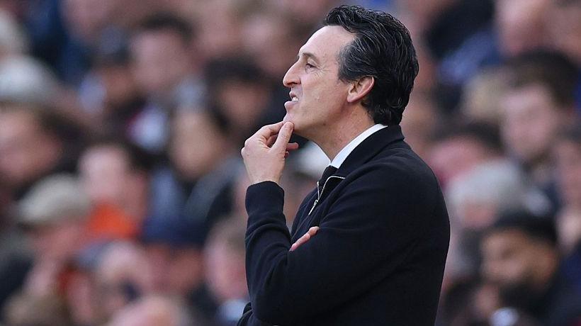 Unai Emery manger of Aston Villa reacts 