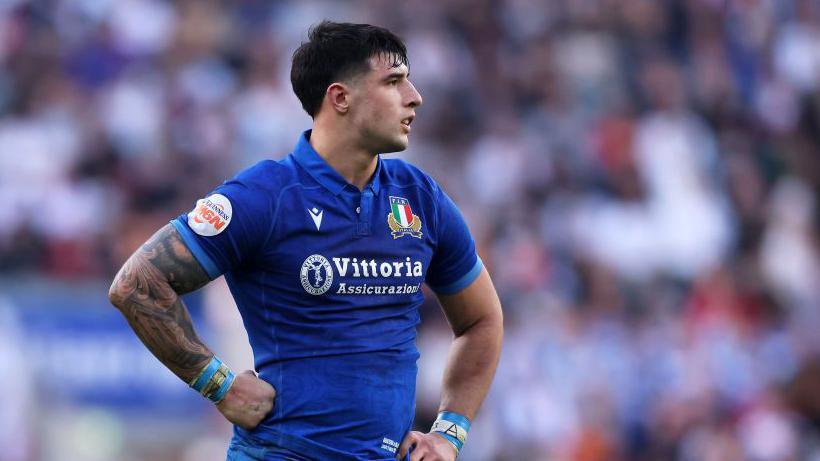Italy centre Tommaso Menoncello looks on during the Six Nations game against England in 2025 