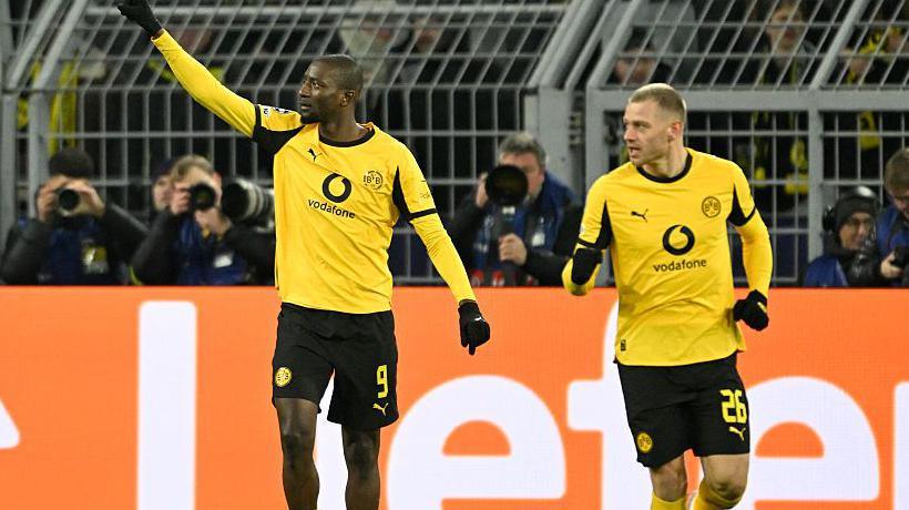 Serhou Guirassy celebrates scoring for Dortmund