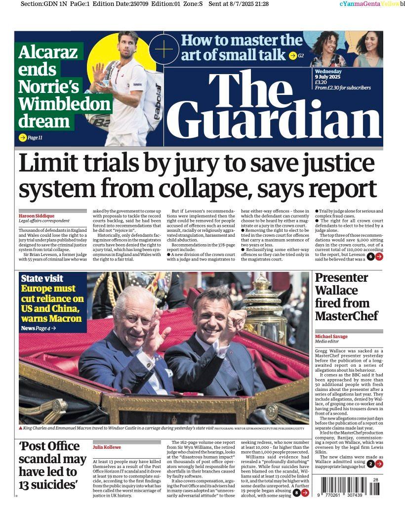 "Limit trials by jury to save justice system from collapse," is the headline on the front page of the Guardian
