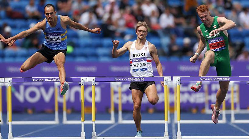 Tyri Donovan (left), Seamus Derbyshire (centre), and Alastair Chalmers (right) racing in the 400m hurdles at the 2025 British Athletics Championships