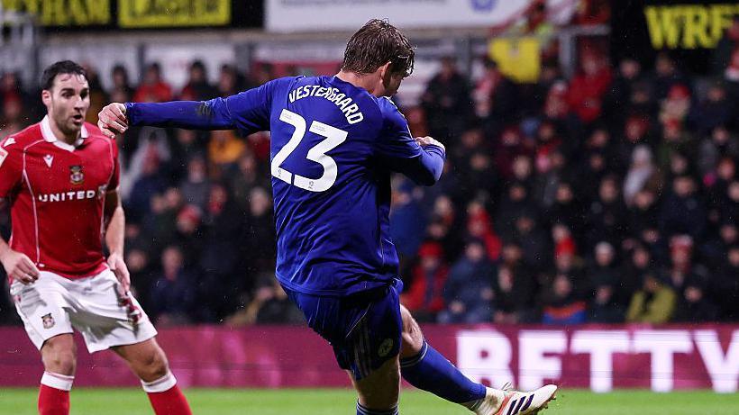 Leicester City's Jannik Vestergaard scores