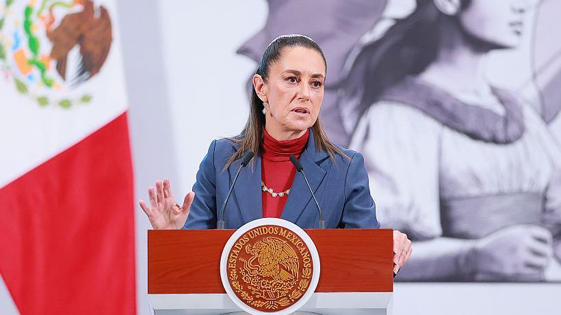 President of Mexico Claudia Sheinbaum speaks during the daily morning briefing at Palacio Nacional in Mexico City, Mexico. She is pictured mid-remarks, wearing a dusty navy blue blazer over a red turtleneck. She is standing behind a wooden podium that features the official seal of Mexico. To her left is the Mexican flag.