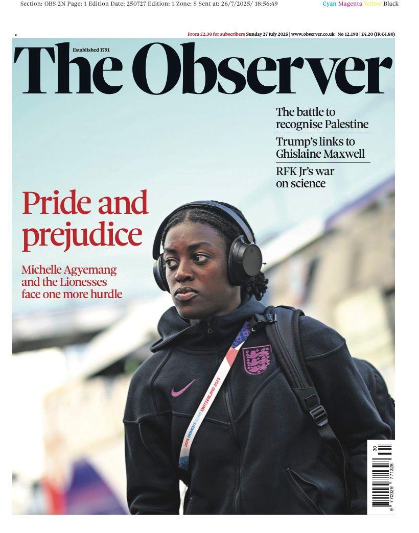 The Observer's front page is devoted to a picture of Lionesses player Michelle Agyemang. She wears a black jacket with purple insignia, and listens to headphones. A bag is slung over one shoulder. 