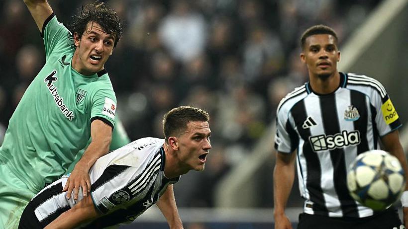 Newcastle United defender Sven Botman defends from Athletic Bilbao's Unai Gomez during the Champion's League match on 5 November