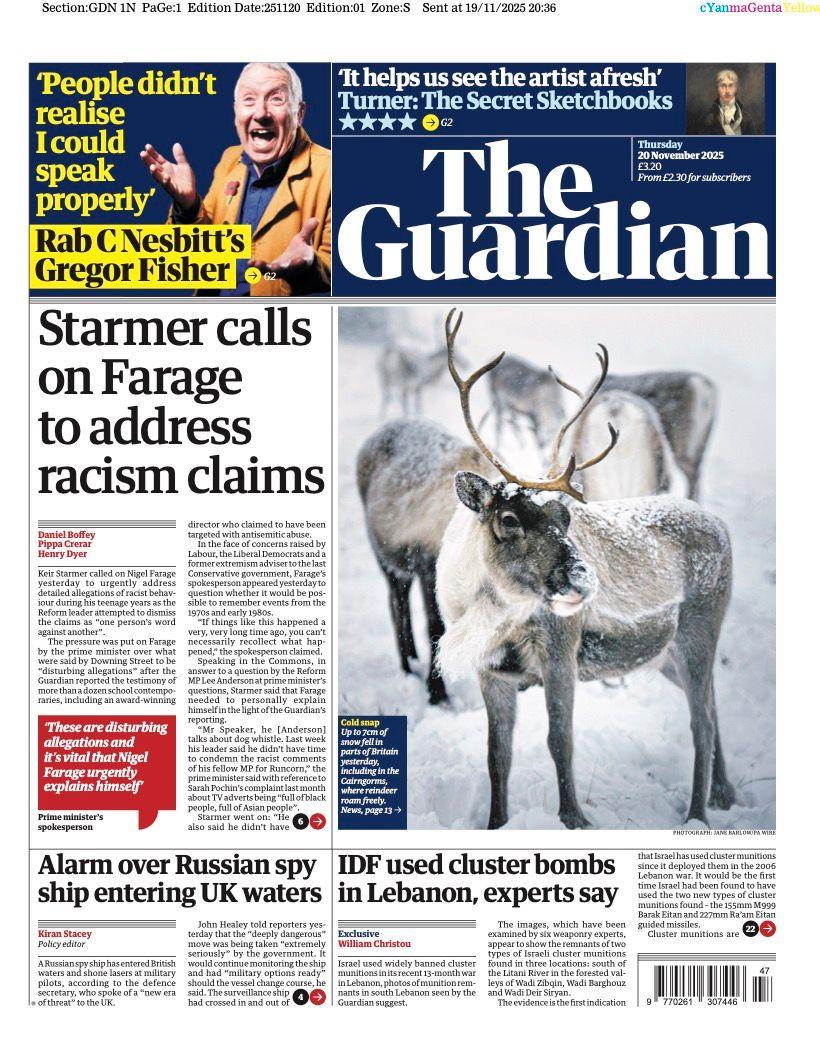 The headline on the front page of the Guardian reads: “Starmer calls on Farage to address racism claims”.