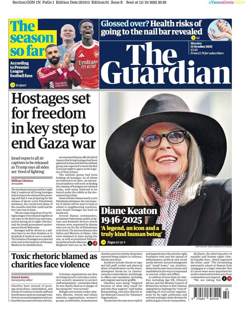 The headline on the front page of the Guardian reads: "Hostages set for freedom in key step to end Gaza war".