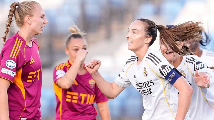 Caroline Weir midfielder of Real Madrid and Scotland celebrates after scoring her side's first goal during the UEFA Women's Champions League 2025/26 league phase match between Real Madrid CF and AS Roma at Estadio Alfredo Diestefano